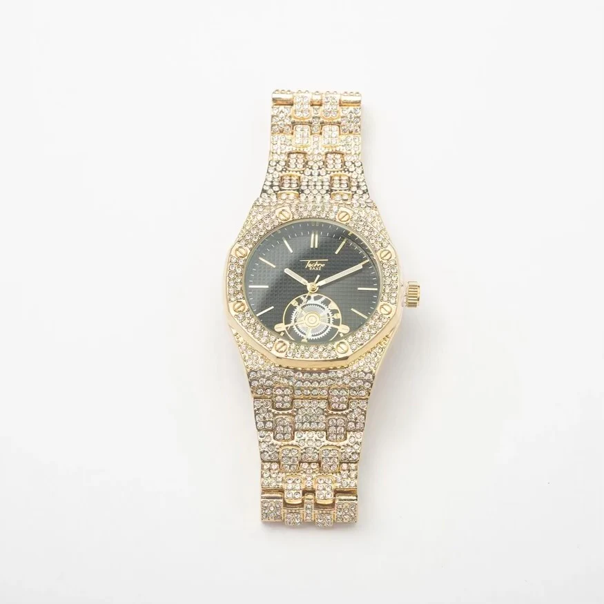 New Gold Iced Out Black Face Watch