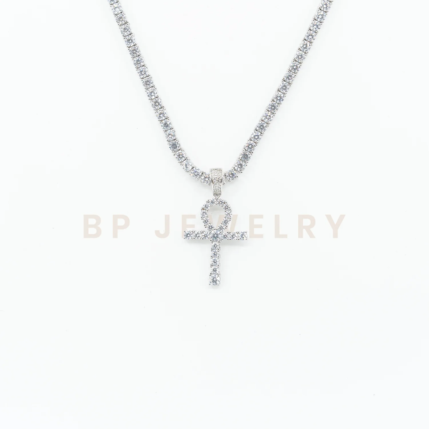 New Silver Diamond Ankh Necklace