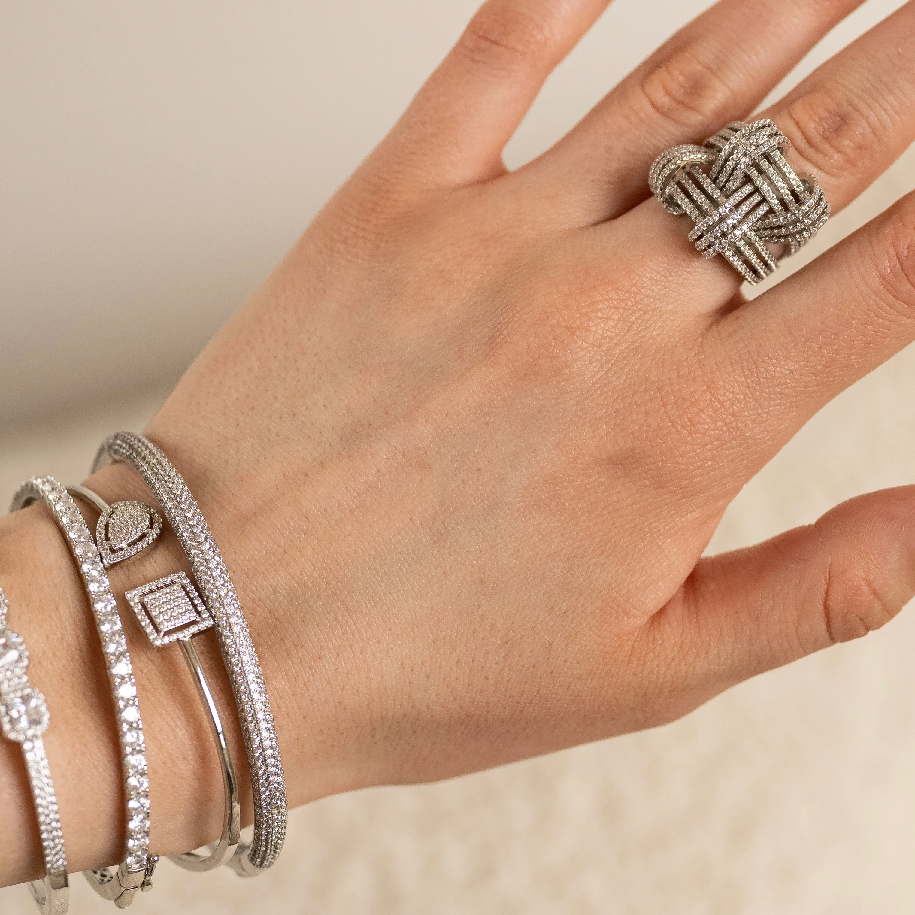 Silver Knotted Crystal Ring