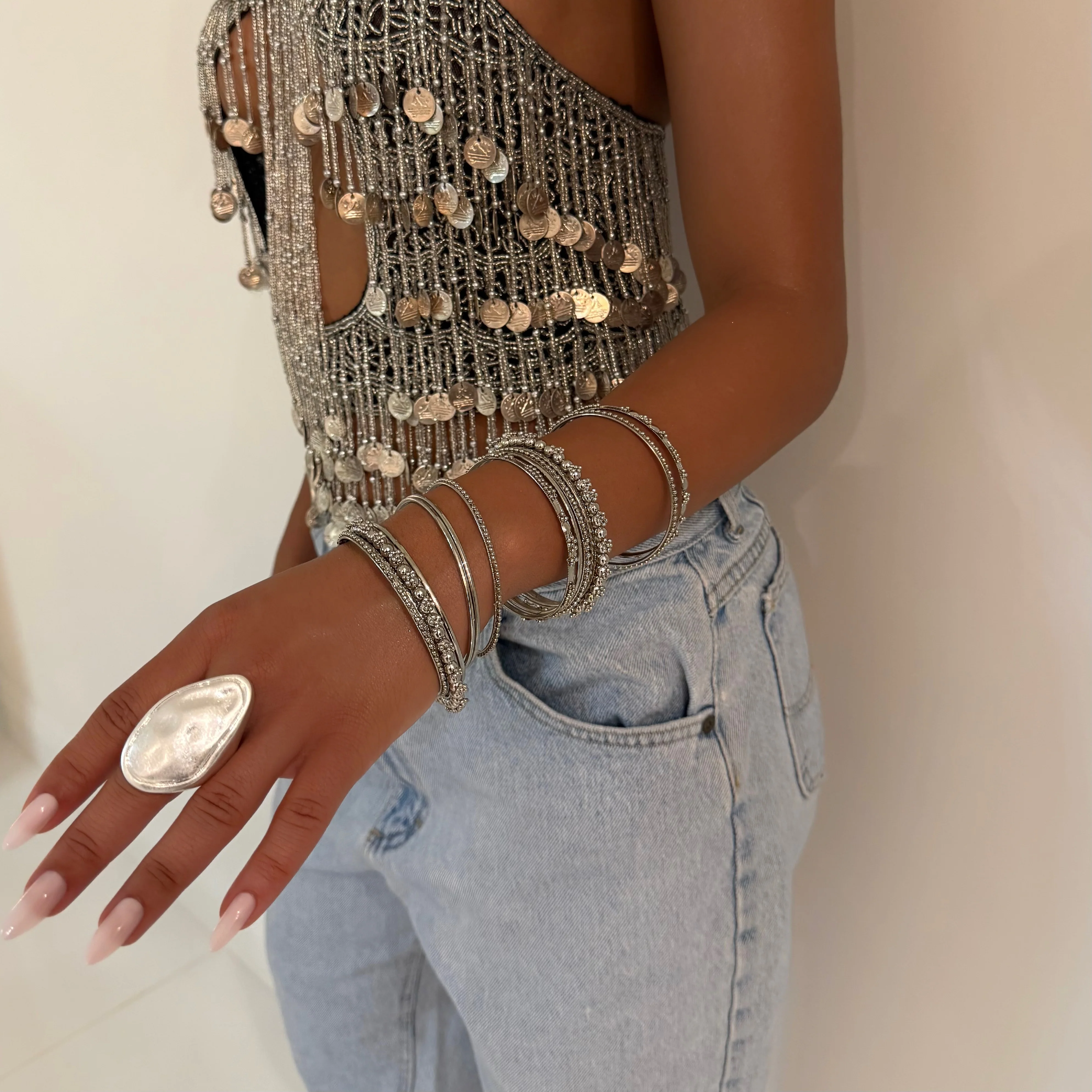 The Silver Beaded Bangle Set